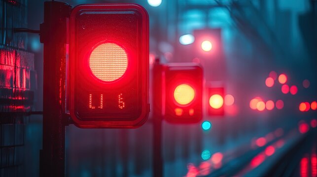 Red traffic light showing stop signal at night with countdown display