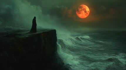 Shadowy, hooded figure standing at the edge of a cliff, overlooking a dark, stormy sea under a blood-red moon