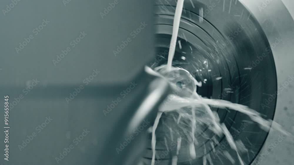 Poster close-up of a cnc machine drilling metal with coolant fluid splashing, showcasing high precision eng