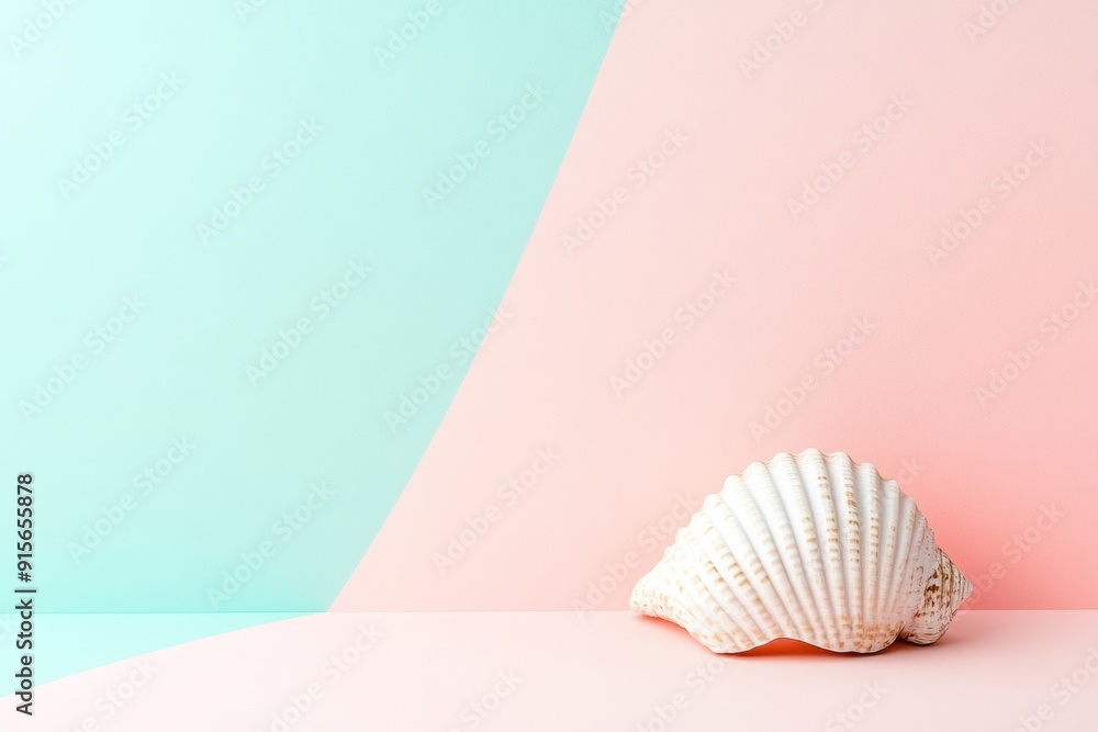 Poster ethereal pastel pink surface with blue seashell mockup serene branding and promotional display setup