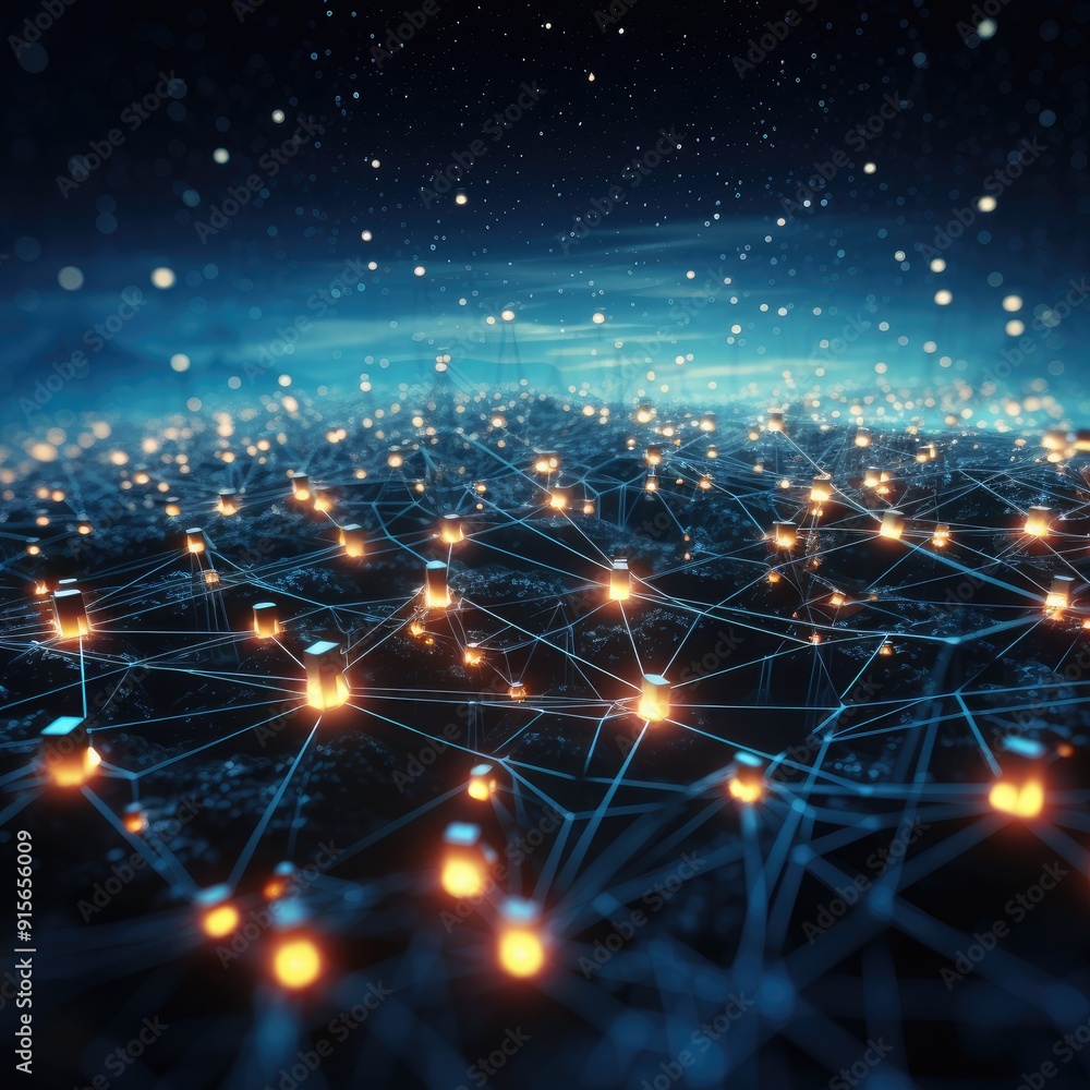Poster ai-inspired tech network with bright nodes, futuristic background