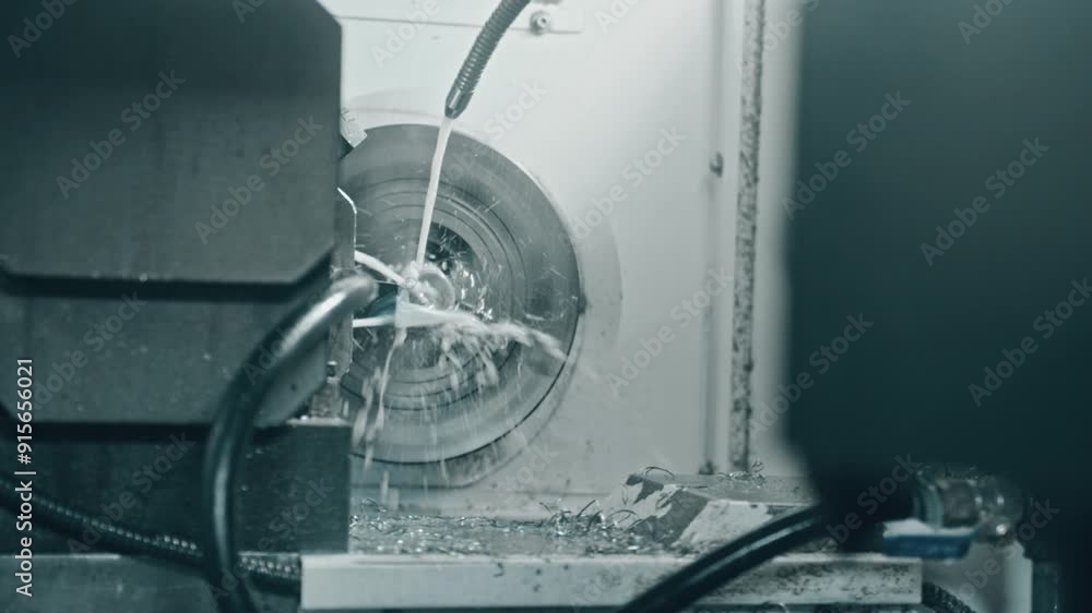 Poster close-up of a cnc lathe machine cutting metal with cooling fluid, showcasing precision engineering a