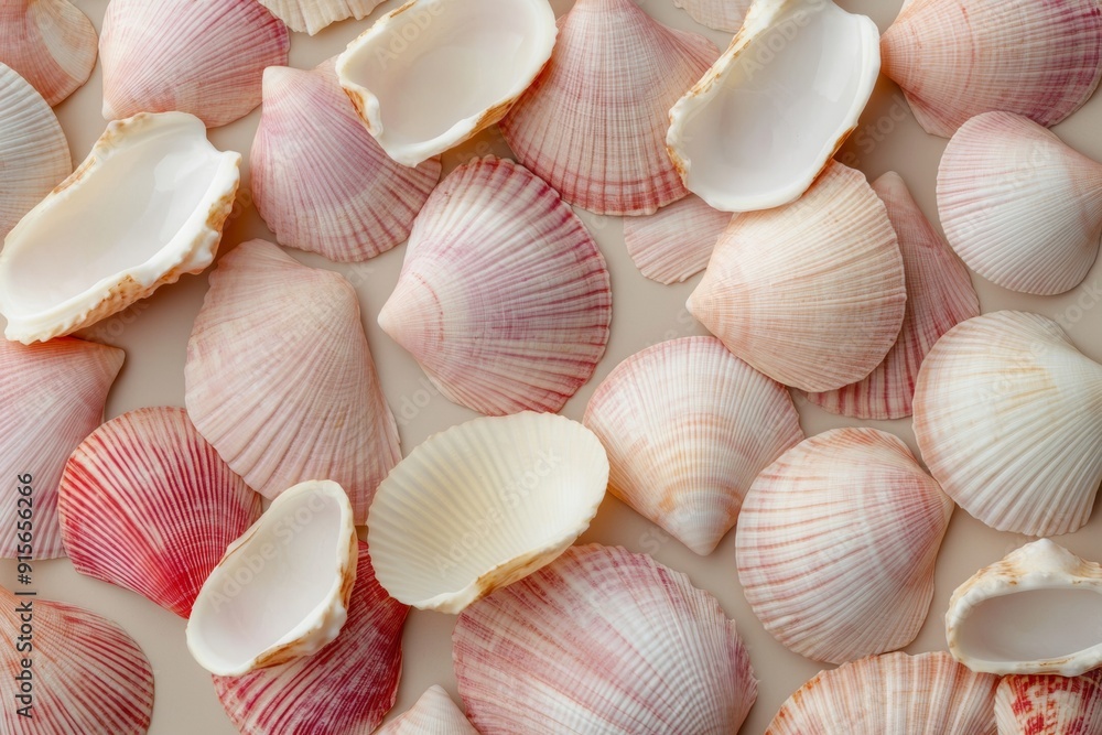Poster Aerial View of Symmetrical Pastel Pink Seashells Pattern – Intricately Geometric and Textured Background in Soft Natural Lighting