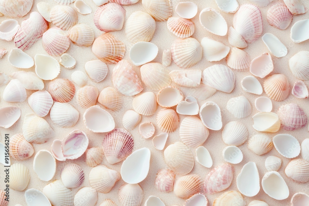 Poster aerial view of symmetrical pastel pink seashell pattern with soft natural lighting and geometric des