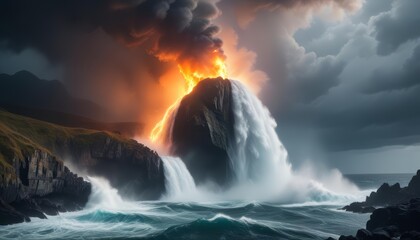 Obraz premium A powerful explosion at a waterfall, combining the natural beauty of cascading water with intense fire and billowing smoke