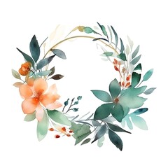 Watercolor floral wreath with peach flowers, green leaves and branches.
