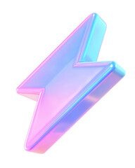 Iridescent lightning bolt icon with a neon glow effect in pastel colors, featuring a glossy finish and a 3D appearance. Isolated on transparent background, png.