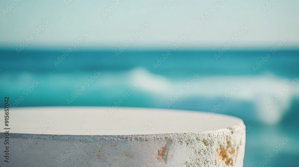 Aufkleber minimalist pastel blue stucco table surface against a tranquil beach background with gentle waves in