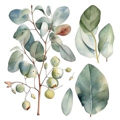 Watercolor illustration of eucalyptus leaves and berries.