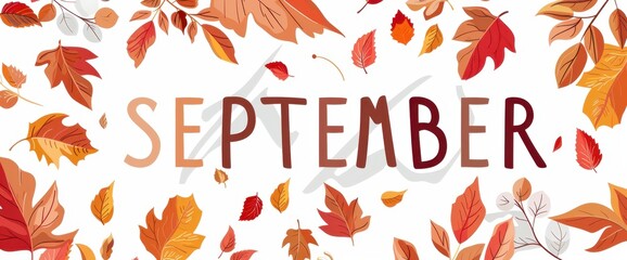 the words "SEPTEMBER" white text with autumn leaves background Generative AI