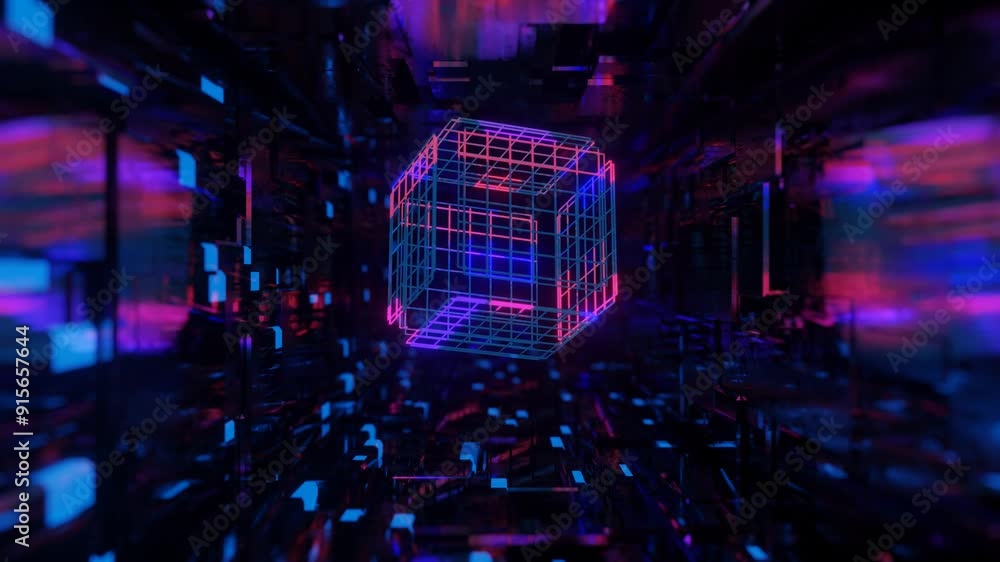 Poster 3d object or structure rotates and moves inside glass mirror tunnel with neon light, bright reflecti