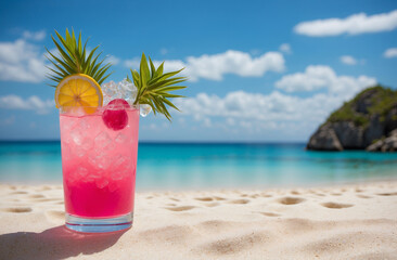 Refreshing summer moment, vibrant pink liquid, copy space.a red cocktail on white sand, against an exotic beach backdrop with turquoise water and blue sky. 
