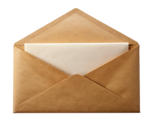 Open brown envelope with an inserted letter visible, highlighting its use for correspondence, mailing, or document organization. Isolated on transparent background, png.