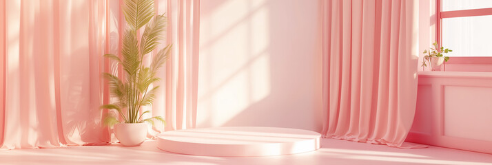 3d scene of a vibrant curved blue wall and pink archway, with a circular podium adorned by a plant and sphere. Large windows fill the space with soft light