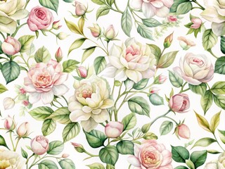 Fototapeta premium Delicate watercolor illustration of intertwined jasmine and roses in soft pastel hues, forming a seamless repeating pattern on a creamy white background with ample copy space.