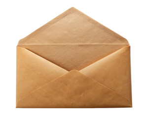 Open brown paper envelope with a triangular flap, showcasing a simple and classic design. Isolated...