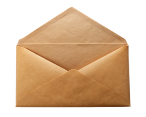 Open brown paper envelope with a triangular flap, showcasing a simple and classic design. Isolated on transparent background, png.