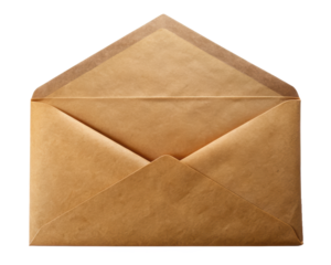 Open brown envelope with a folded flap, displaying its simple and functional design, suitable for secure mailing and document storage. Isolated on transparent background, png.
