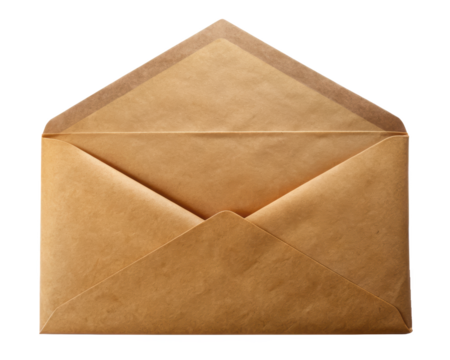 Open brown envelope with a folded flap, displaying its simple and functional design, suitable for secure mailing and document storage. Isolated on transparent background, png.