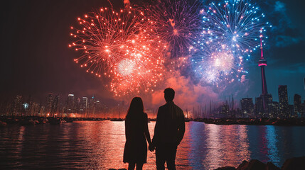 Fototapeta premium a couple holding hands and looking at the fireworks, celebration of new year, silhouette, New Year concept