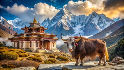 Majestic yak inhabits a surreal fusion of a tranquil Tibetan monastery and snow-capped mountains, epitomizing harmony between nature's grandeur and cultural elegance. © Sirinporn