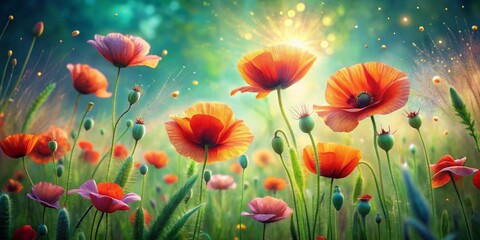 Fototapeta premium Vibrant poppies sway amidst a lush green grassy field, set against a soft, dreamy floral background, created with stunning generative AI illustrations.