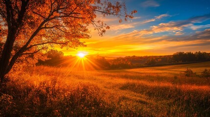 Vibrant autumn landscape with a glowing sunset, orange foliage, and a large tree, capturing the warmth and beauty of fall.