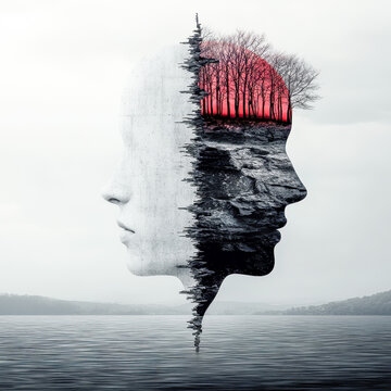 Revealing the Human Soul and Psyche A surreal depiction with fractured faces symbolizing inner transformation and self-disclosure