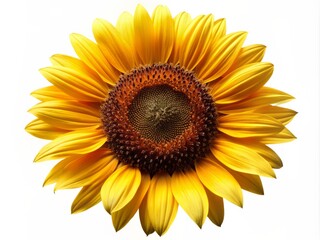 Fototapeta premium Bright yellow petals and dark brown center of a large sunflower bloom stand out against a crisp white background in a vibrant isolated illustration.