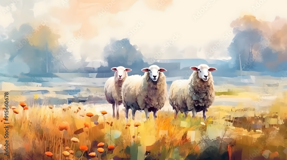 Wall mural sheep in nature watercolor style