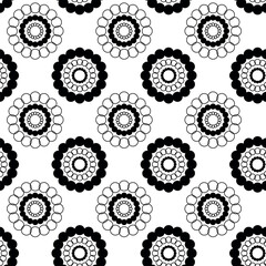 Abstract geometric pattern with circles, stripes, lines. Seamless vector background. White and black floral ornament. Modern reticulated graphic design.