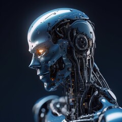 Close-up of a metallic robot head with glowing eyes.