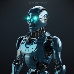 Close-up of a metallic robot with glowing blue eyes.