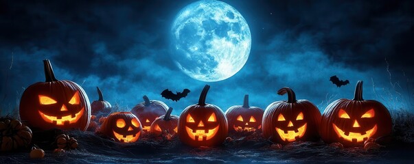 JackoLanterns under a full moon, pumpkin, moonlit Halloween