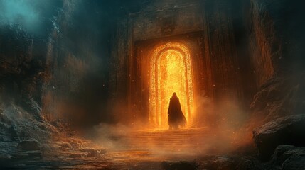 Fototapeta premium Enigmatic Presence at the Decaying Temple - A Mysterious Figure Amid Ancient Ruins and Mystical Illumination