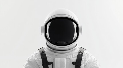 White astronaut with black visor in front view. Detailed 3D render of a space explorer in a minimalist setting.