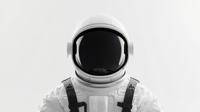 White astronaut with black visor in front view. Detailed 3D render of a space explorer in a minimalist setting.