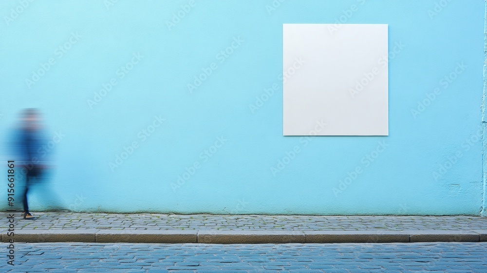 Poster serene afternoon urban scene blurred figures pass by light blue stucco wall with empty poster for mo