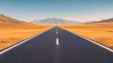 Straight Highway with Blue Sky, Long, empty road under a clear blue sky, showcasing an open and unobstructed view