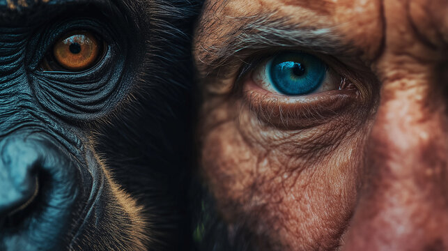 A dramatic close-up of a human and a chimpanzee eye side by side, representing the deep connection and similarities between species in a natural context.