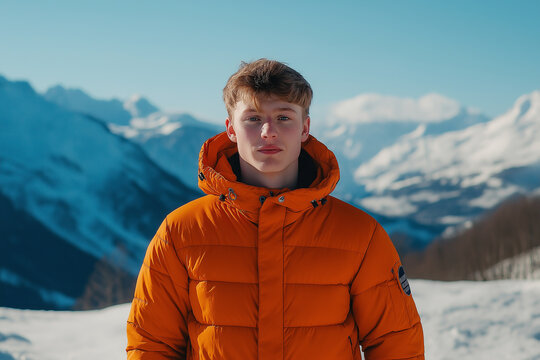 A young man wearing an orange puffer jacket standing in snowy mountains, representing adventure, winter sports, and exploration. - Powered by Adobe