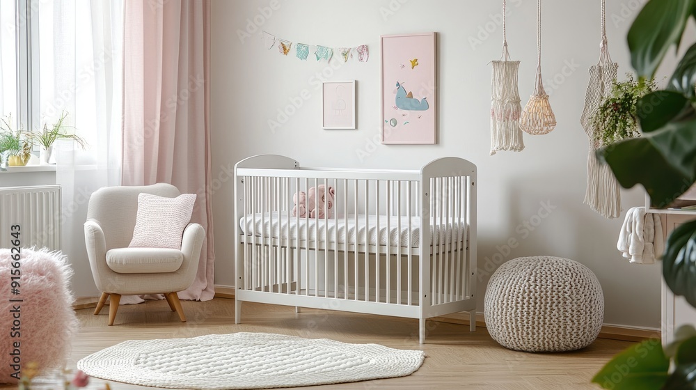 Wall mural a charming nursery room with a crib, soft pastel colors, and playful decor elements, creating a warm