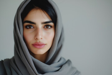 Fototapeta premium Close-up of a woman's face wearing a rust-colored hijab, emphasizing her striking features and intense gaze.