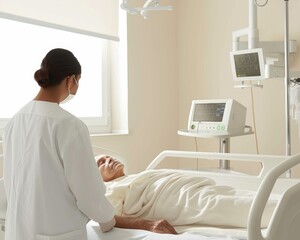 Fototapeta premium Nurse Providing Care to Elderly Alzheimers Patient in Modern Clinic – Daytime, Professional Healthcare