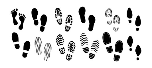 Footprints human silhouette, vector set, isolated clip art collection. Shoe soles print. Foot print tread, boots, sneakers. Impression icon barefoot