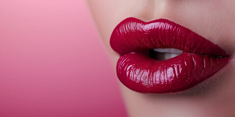 Obraz premium Close-up of glossy red lips, capturing a bold and sensual beauty statement.