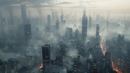 Obraz premium Smog-Covered Cityscape with Dense Pollution and Skyscrapers