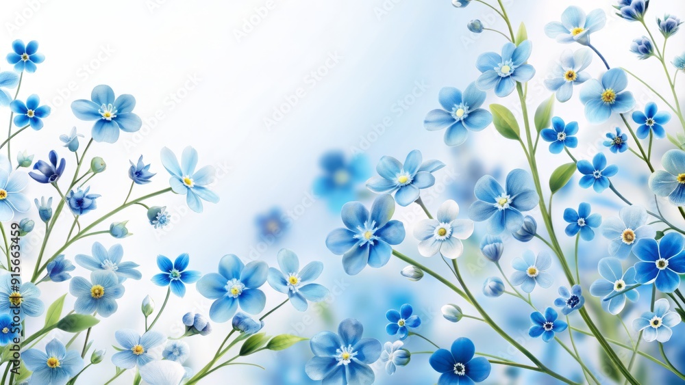 Poster delicate blue flowers border a pure white background, creating a serene and calming visual effect, p