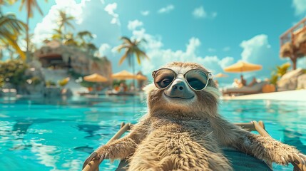 sloth in sunglasses resting in a sun lounger on the beach