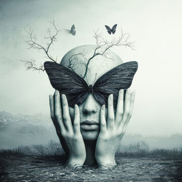 Revealing the Human Soul and Psyche A surreal depiction with fractured faces symbolizing inner transformation and self-disclosure